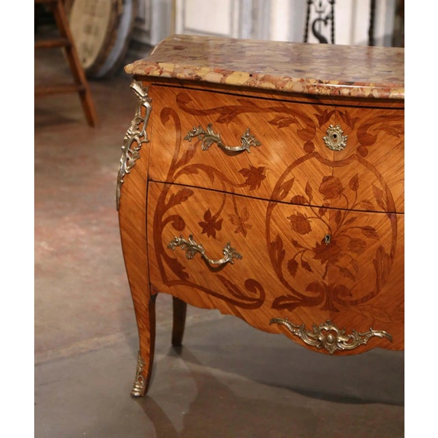 Late 19th Century Louis XV Marble Top Marquetry & Ormolu Bombe Chest of Drawers For Sale - Image 4 of 12