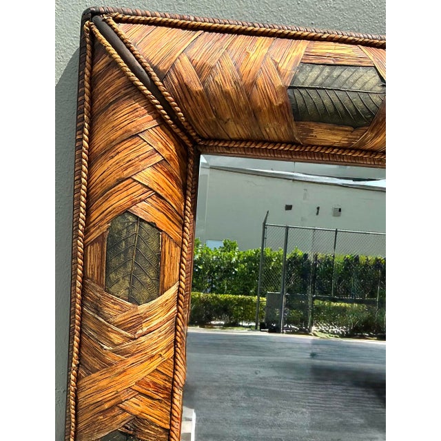 Late 20th Century Vintage Wrapped Rattan Brass Leaf Mirror For Sale - Image 5 of 12