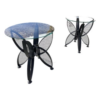 1960s Mid Century Modern Pair of Black Butterfly Glass Top End Tables Attributed to John Salterini & Maurizio Tempestini Wrought Iron For Sale