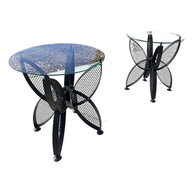 1960s Mid Century Modern Pair of Black Butterfly Glass Top End Tables Attributed to John Salterini & Maurizio Tempestini Wrought Iron For Sale