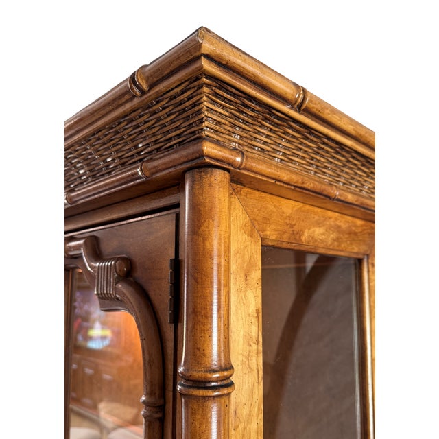 Late 20th Century Stanley Faux Bamboo & Rattan Lighted China Display Cabinet For Sale - Image 5 of 18