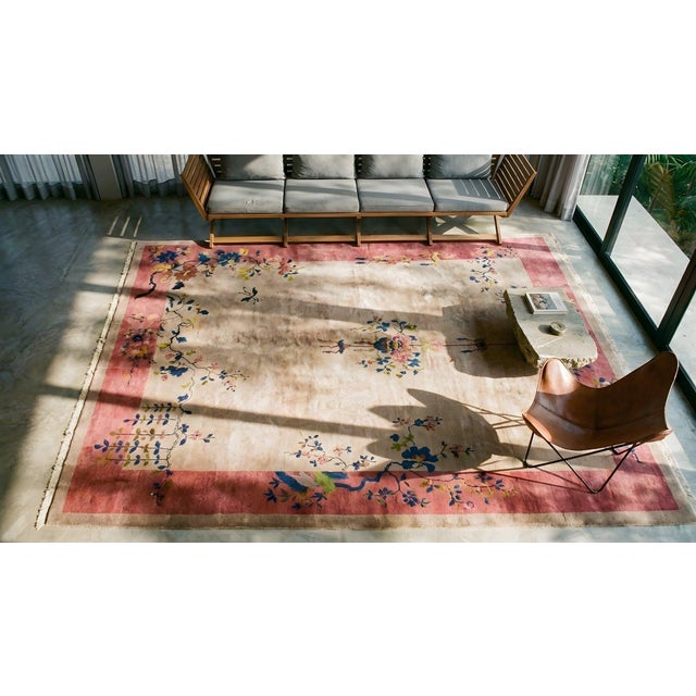 1920s Tan Ecru Flowers Spray Modern Antique Chinese Art Deco Carpet 8' 11'' X 11' 7" Woven Wool Rug For Sale - Image 11 of 12