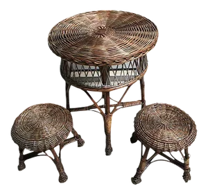 Table and 2 Wicker Stools 1960s, Set of 3