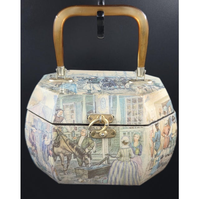 Vintage Decoupaged Octagonal Vanity Box/Purse With Colonial Tavern Scene For Sale - Image 13 of 16