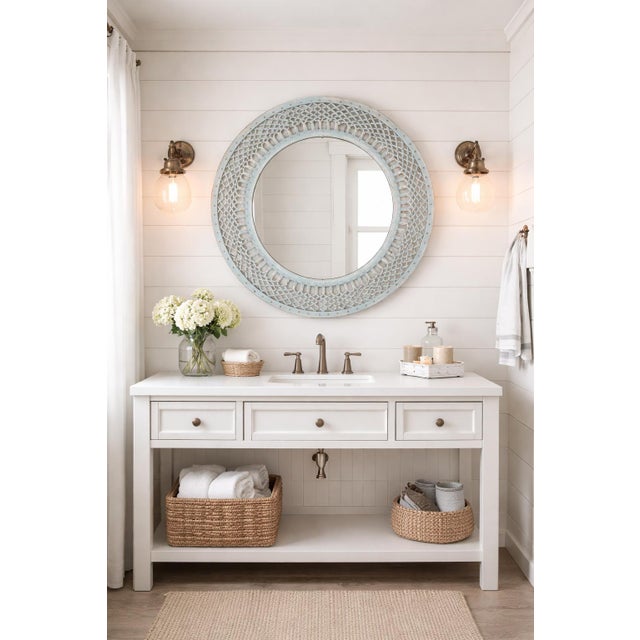 Vintage Coastal Farmhouse Iron Baby Blue Mirror For Sale - Image 4 of 5