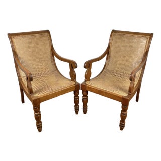 Mid 20th Century Mid Century British Colonial Plantation Ceylonese Satinwood Cane Lounge Chairs- Set of 2 For Sale