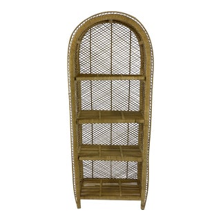 1970s Vintage Boho Chic Small Scale Wicker Rattan Arched Bookcase. For Sale