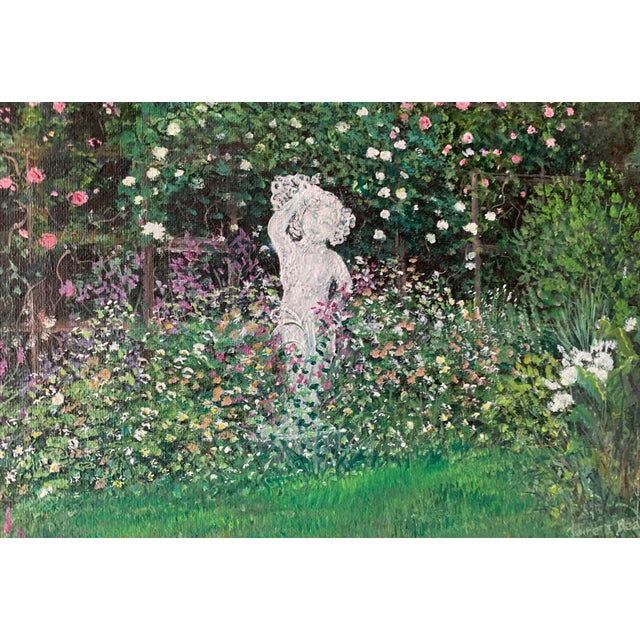 Art Deco Vintage Oil Painting Art Deco “Secret Garden” Signed Claire Beauregard 1970 For Sale - Image 3 of 8