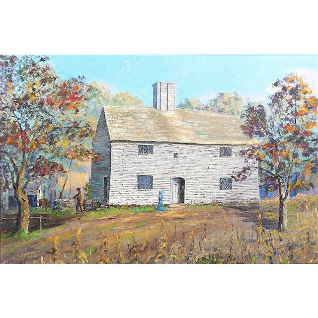Albert E. Latham (New York, 1909–1976), "Early Settler Days", oil on canvas, depicting a colonial era house with...