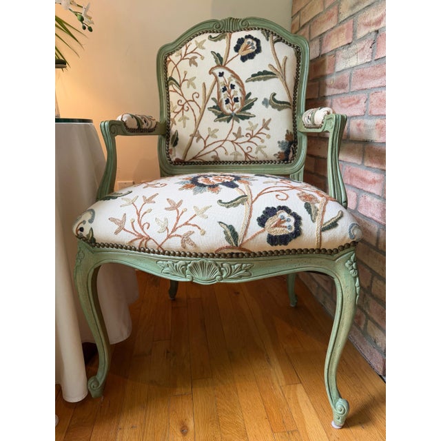 Pair of Custom Botanical Floral Crewel Work Painted Fauteuil Accent Chairs in Sage Green, Ochre and Teal For Sale - Image 13 of 18