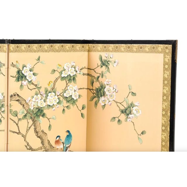 Mid 20th Century Japanese Four-Panel Hand-Painted Silk Byōbu Screen With Birds & Blossoms For Sale In Philadelphia - Image 6 of 7