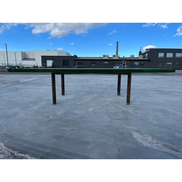 Rare bronze x-base coffee table having 1.25” thick glass top manner of Phillip and Kelvin Laverne, acquired summer of 2019...