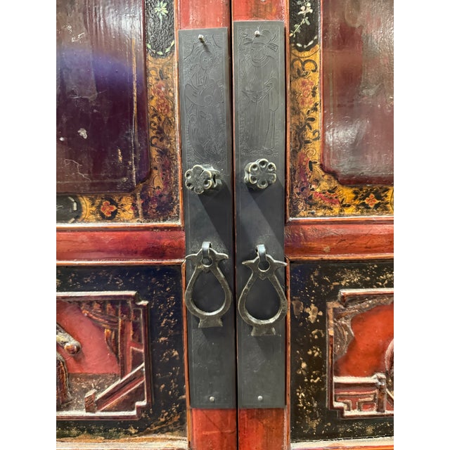 Early 20th Century Chinese Red-Lacquer Carved Wood Armoire With Hand ...