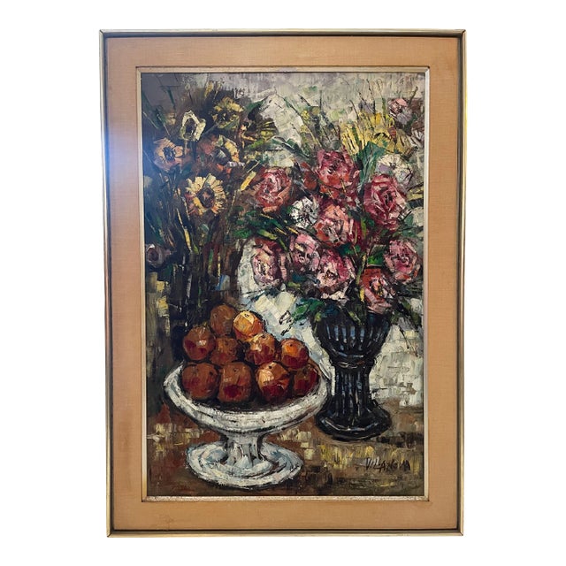 Vintage Still Life Painting of Flowers & Fruit For Sale