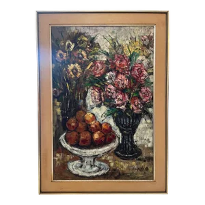 Vintage Still Life Painting of Flowers & Fruit