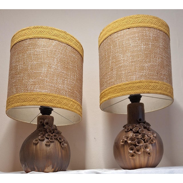 Vintage Table Lamps with Brown Ceramic Bases and Fabric Shades, 1970s, Set of 2 For Sale - Image 6 of 11