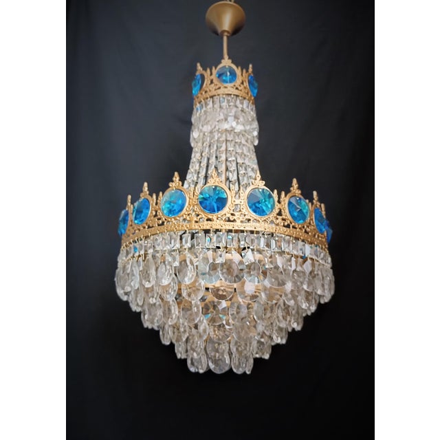 Vintage Brass Aqua Blue Crystal Chandelier For Sale - Image 6 of 12