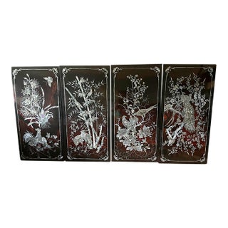 Vintage Vietnamese Burgandy Lacquer Mother-of-Pearl Inlaid Wall Panels – Set of Four For Sale