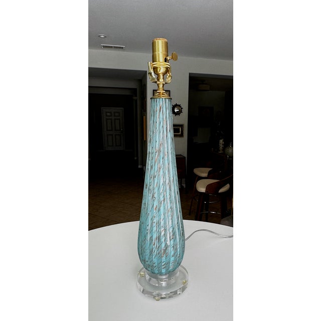 1960s Barbini Murano Blue Copper Ribbed Glass Table Lamp For Sale - Image 5 of 18