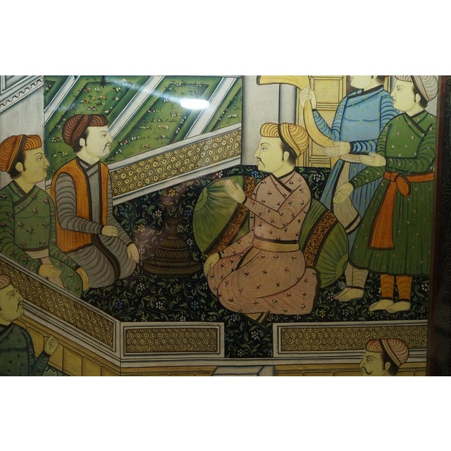 Textile Antique Persian Hand-Painted Oriental Scenes on Silk in Frame, Set of 2 For Sale - Image 7 of 18