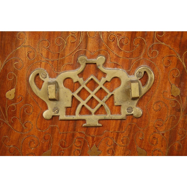 Vintage Campaign Style Inlaid Walnut Dresser Chest, Brass Inlay Carved Wood 10 Drawer Cabinet For Sale - Image 17 of 18