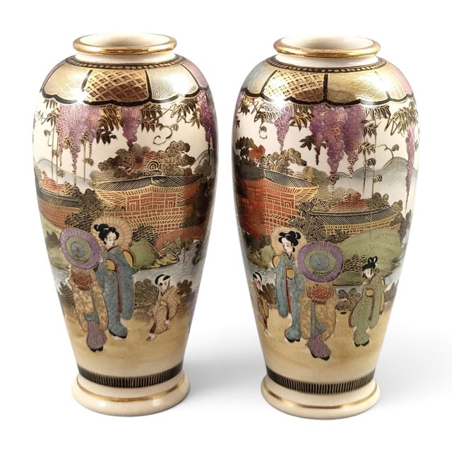 Japanese Shozan Satsuma Vases with Figural Garden Scenes, 1900s, Set of 2 For Sale - Image 12 of 12