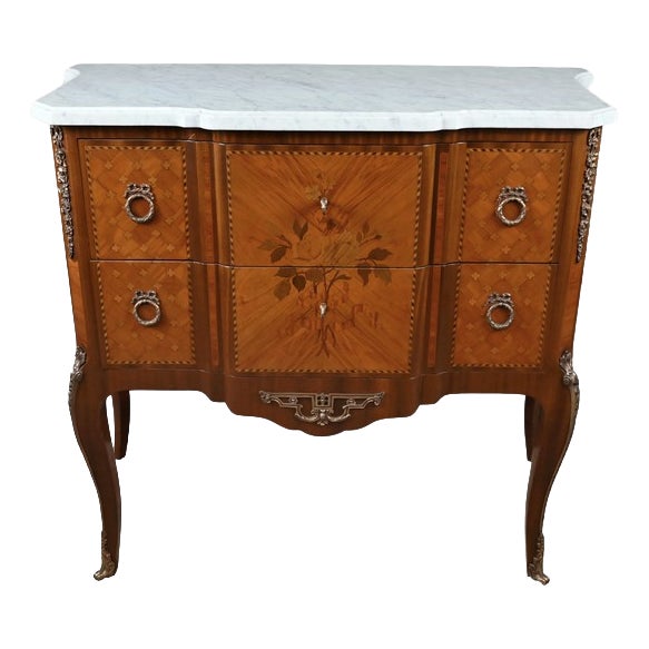 Mid-Century Louis XV-Louis XVI Transition Style Marquetry Commode For Sale