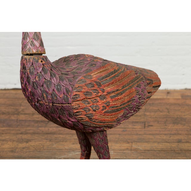 Indonesian Hand Carved Heron Sculpture with Purple, Orange and Black Tones For Sale - Image 9 of 13