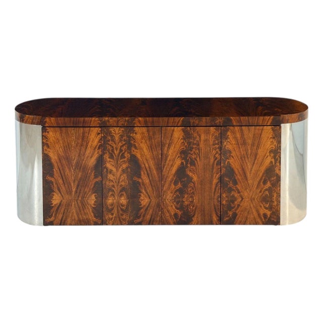Ron Seff Burled Walnut Credenza With Chrome Sides, 1970 For Sale