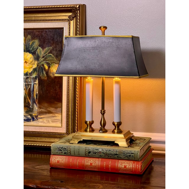 Late 20th Century Small Brass Twin Candle Bouillotte Style Lamp With Black Parchment Shade For Sale - Image 13 of 17