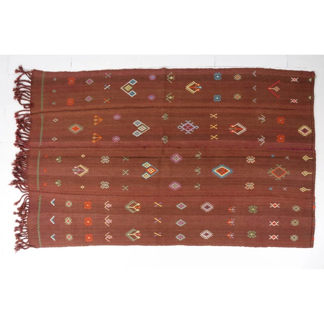 Mid 20th Century Handwoven Brown Tribal Rug With Colorful Motifs For Sale
