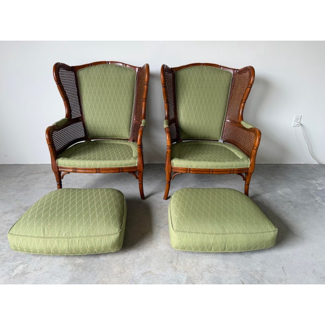 Vintage Coastal Hollywood Regency Style Ethan Allen Faux Bamboo & Cane Wingback Bergère Chairs – A Pair For Sale - Image 4 of 12