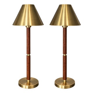 Ralph Lauren Brass & Brown Leather Campaign Lamps — Pair For Sale