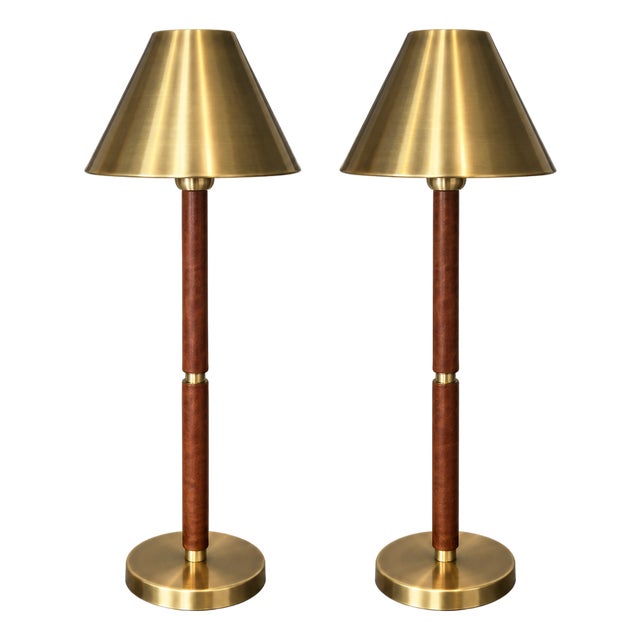 Ralph Lauren Brass & Brown Leather Campaign Lamps — Pair For Sale
