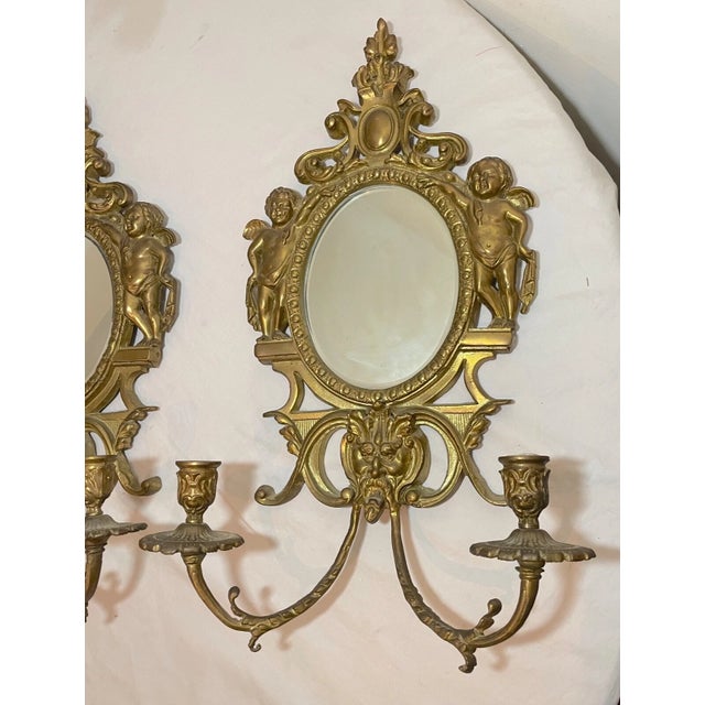 1960s Pair Large Ornate Vintage Solid Brass Figural Cherub Wall Mirror Sconce Fixtures For Sale - Image 5 of 12