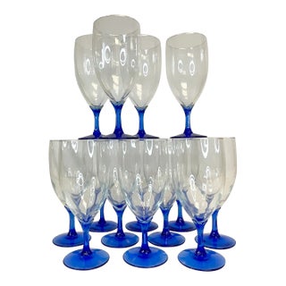 Vintage Art Nouveau Clear Cut to Blue Tulip Stem Wine-Water Goblets - Set of 14 For Sale