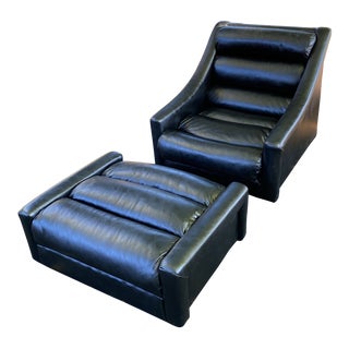 1970’s Sleek Black Leather Vintage Club Chair With Matching Ottoman For Sale