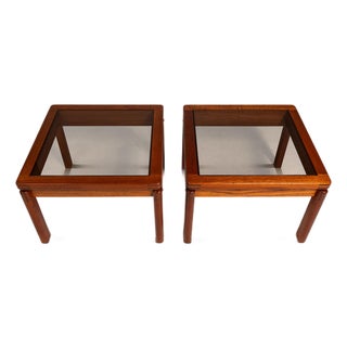 Set of Two (2) Mid-Century Danish Modern End Tables in Teak & Smoked Glass Attributed to Kristiansen Thomassen, Denmark, C. 1970s For Sale
