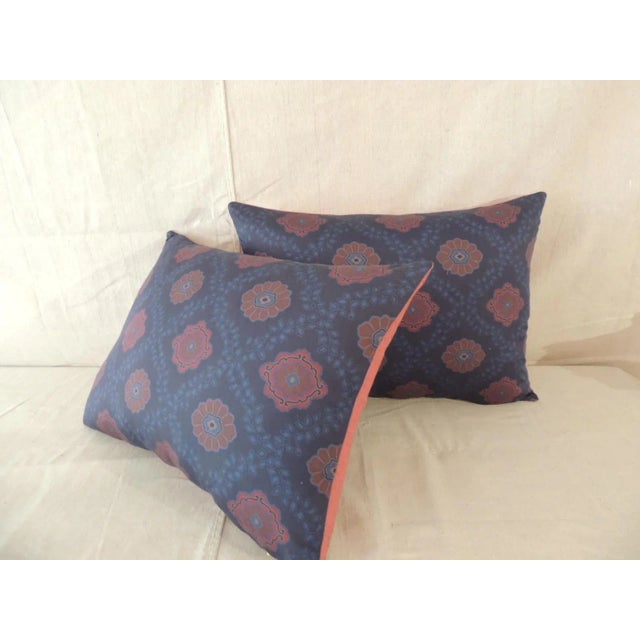 Red and Blue Satin Cotton Modern Bolster Decorative Pillows From Portugal- A Pair For Sale In Tampa - Image 6 of 8