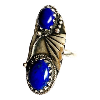 Southwestern Revival Lapis Lazuli Double-Cabochon Ring in Ornate .925 Sterling Silver, , Size 8.25 For Sale