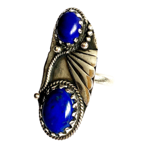 Southwestern Revival Lapis Lazuli Double-Cabochon Ring in Ornate .925 Sterling Silver, , Size 8.25