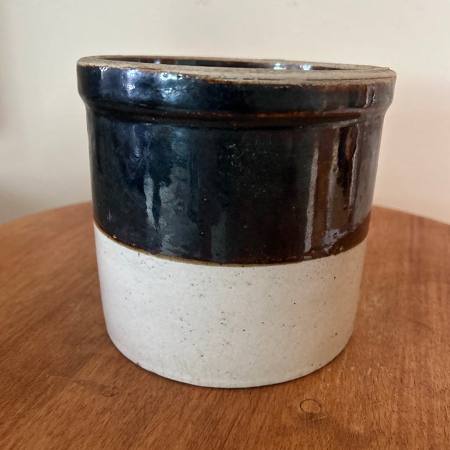 Vintage American Primitive Two-Toned Glazed Stoneware Crock For Sale - Image 11 of 12
