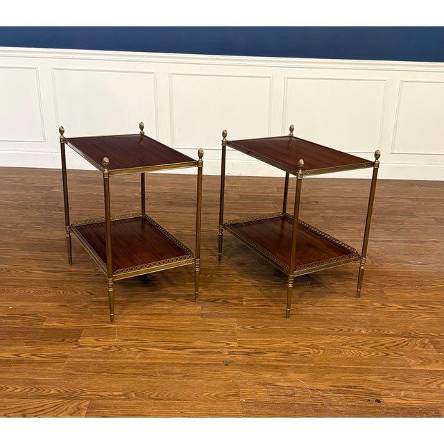 Pair of Two Tiered Brass and Wood End Tables by Leighton Hall - Showroom Samples For Sale - Image 9 of 17