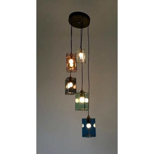 Fontana Arte Vintage 5-Light Colored Glass Pendant in the style of Fontana Arte, Italy, 1960s For Sale - Image 4 of 9