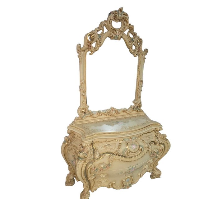Late 20th Century Italian Silik Rococo Revival Hand Painted Bombe Dresser With Mirror For Sale - Image 4 of 12