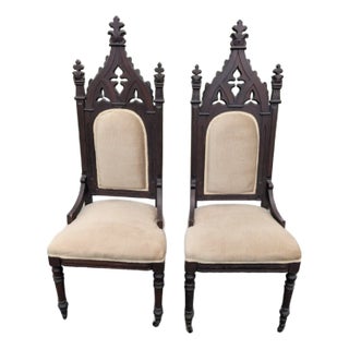 Pair of Late 19th Century Victorian Gothic Revival Antique Carved Wood High Back Upholstered Chairs For Sale