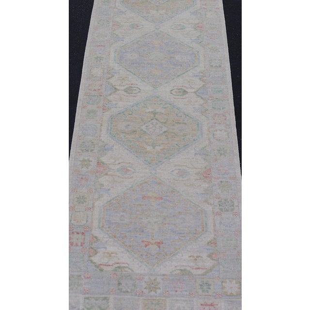 Measures: 3'2 x 16'6 Modern Oushak Runner Design In Cream Background and All-Over Design. Keivan Woven Arts; rug AWR-12595...