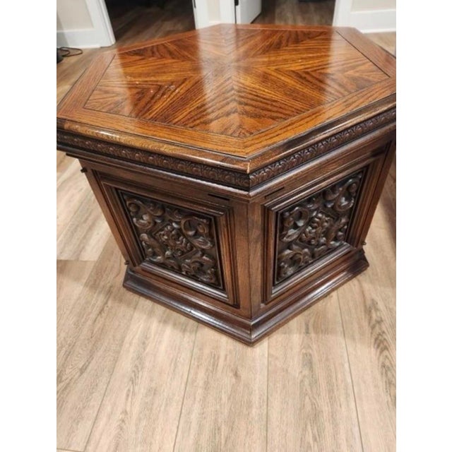 Spanish Revival Pair of Vintage Carved Wood Hexagonal End Tables With Parquetry Tops & Storage For Sale - Image 3 of 12