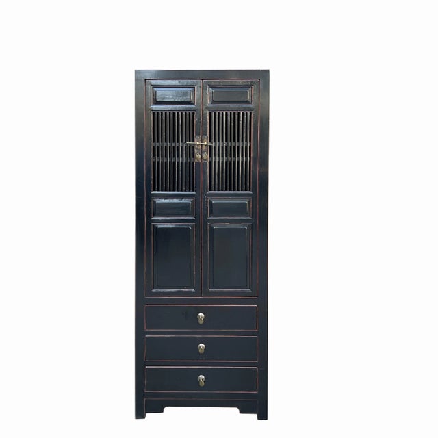 2010s Oriental Black Narrow Wood Carving Shutter Doors Drawers Storage Cabinet For Sale - Image 5 of 5