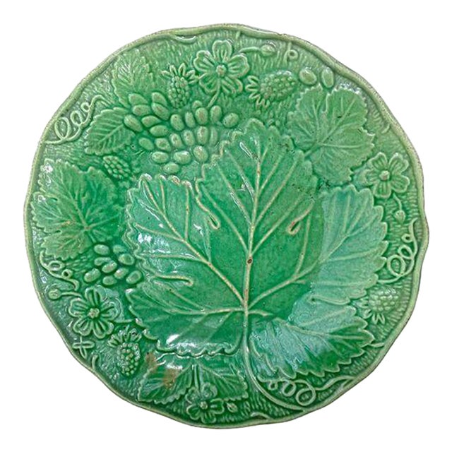 Antique Green Majolica Grape Leaf Plate For Sale